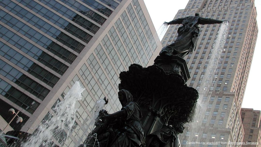 Downtown Cincinnati Tyler Davidson Fountain with city building as background