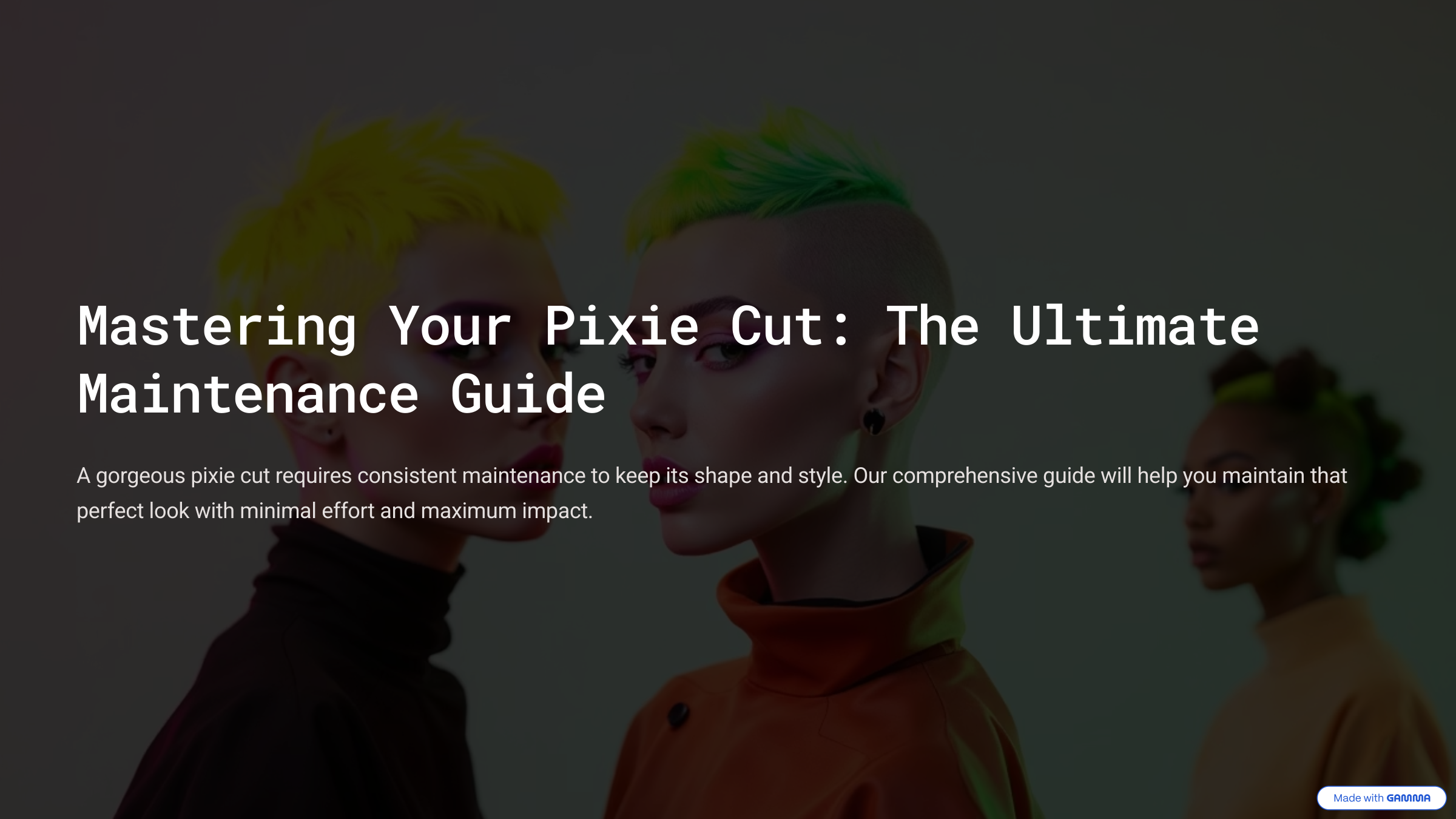 1_Mastering-Your-Pixie-Cut-The-Ultimate-Maintenance-Guide A graphic with black background a darkened image of two women with Pixie cuts a muted background with text Ultimate Pixie Guide