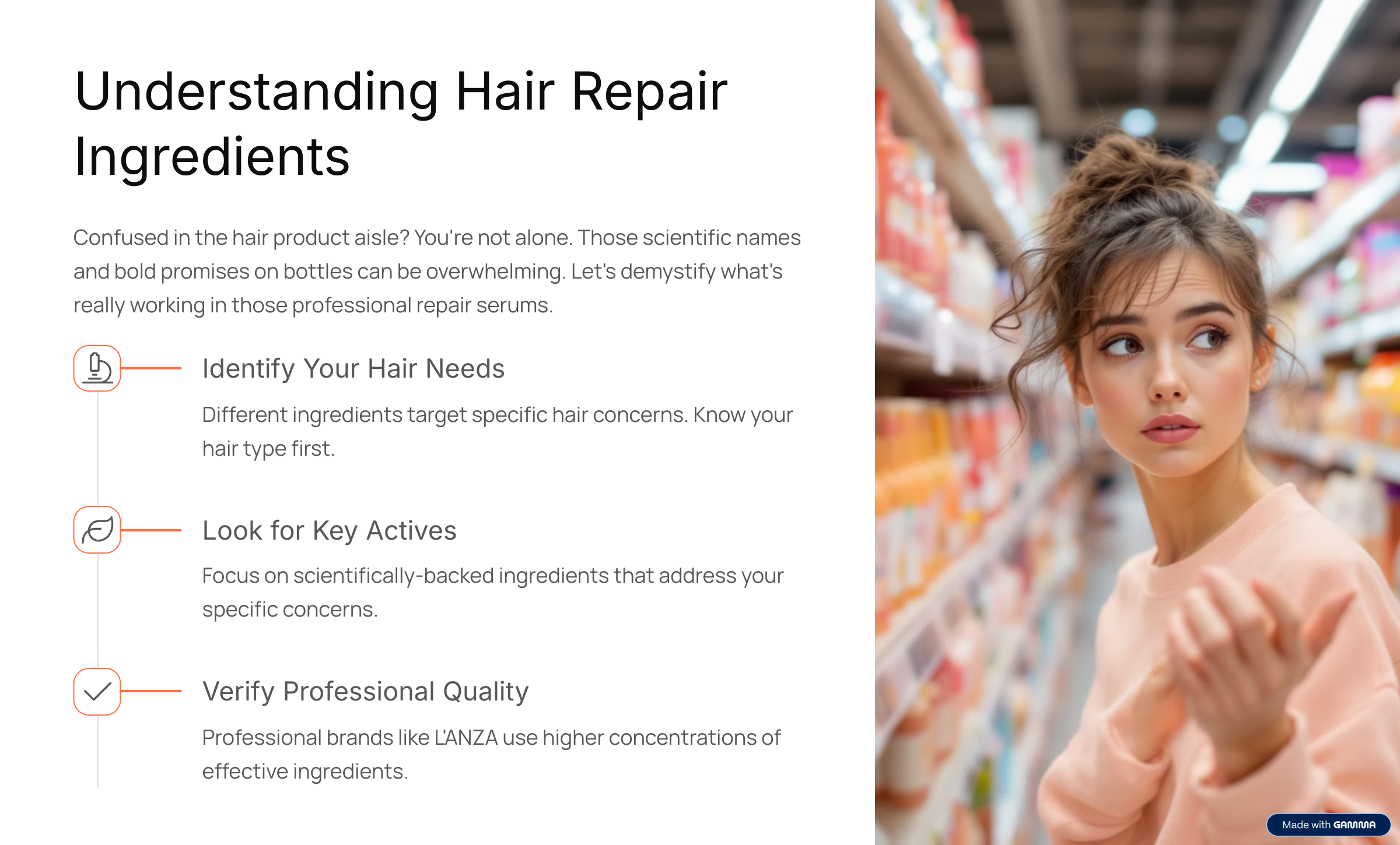 2_Understanding-Hair-Repair-Ingredients Graphic Text describing understanding hair repair 3 steps, identify hair needs, Look for keys, identify professional quality. Image on the right of young women in store looking for treatments