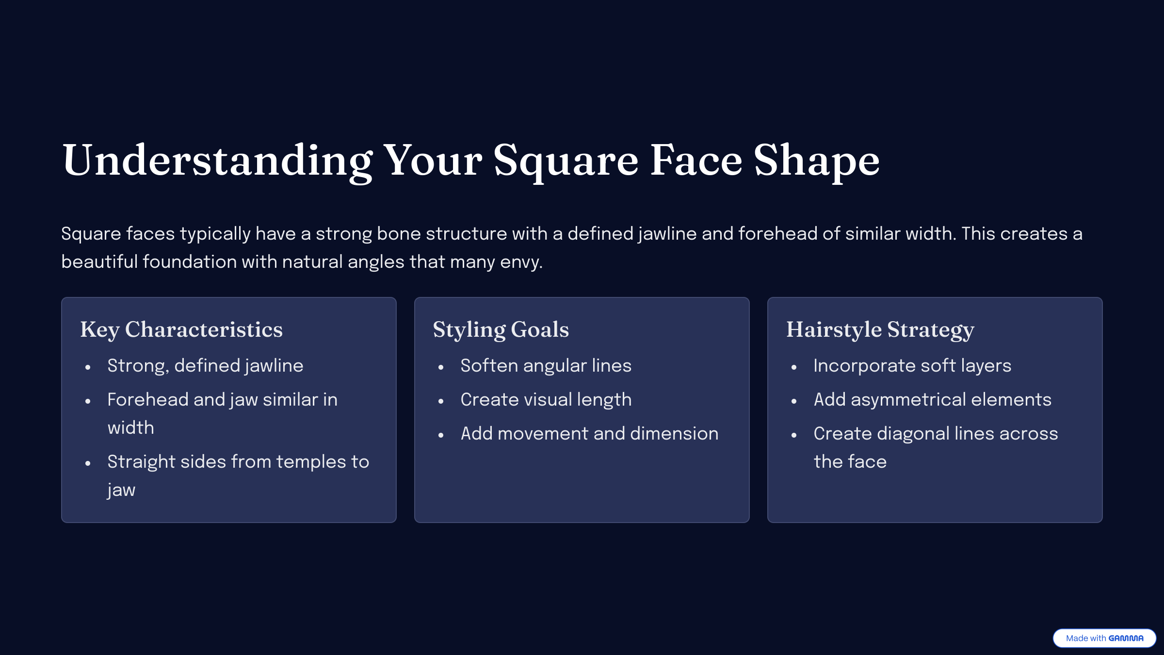 2_Understanding-Your-Square-Face-Shape Graphic with black background and white text showing 3 text boxes in dark blue with headings, Key characteristics, Styling Goals, and Hairstyle strategy for Square Face Shape