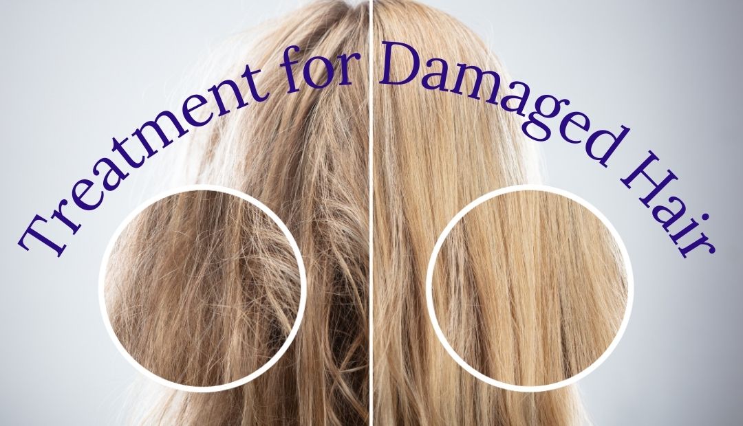Damaged Hair Header V2 by AndreyPopov from Getty Images Pro Image showing the back of a womens head, long blond hair, divided to show on the left damaged hair and on the right healthy treated hair with a heading "Treatment for Damaged Hair"