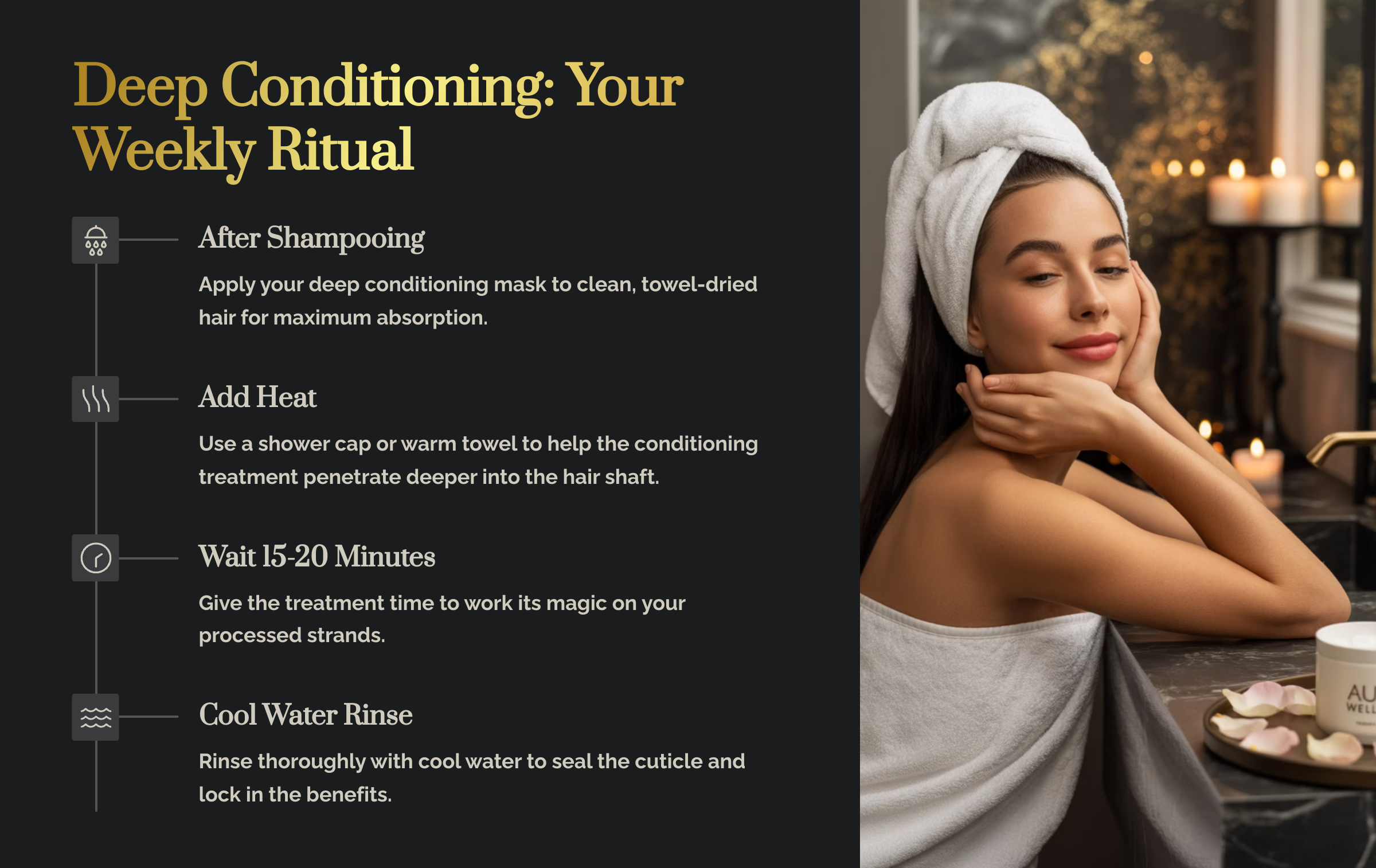 Graphic about balayage highlights and explaining conditioning maintenance. It describes after shampoo, adding heat, wait times 15-20 minute, and a cool water rinse.
