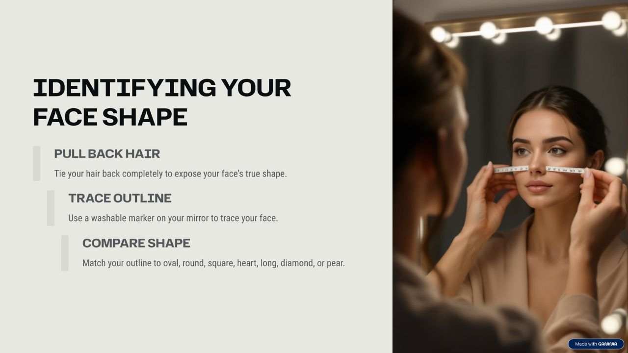 GammaIdentifying Face Shape Graphic shown a young women looking in the mirror and measuring face withs, text describes 3 keys to identifying faceshape for hair cuts