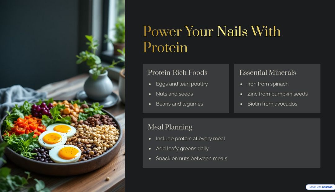 Power Yoour Nails with Protein Gamma.app Graphic with Black background and on the left an image of healthy food choices and on the right it explains Foods, Minerals and planning for a healthy nail diet,