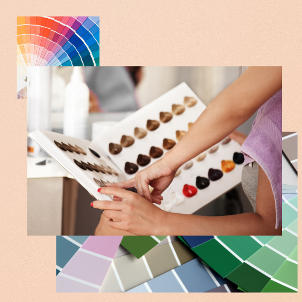 Graphic collage In the background is a color chart and color strips and in the front is an image of a women's hands and arms going through a hair color selection binder.