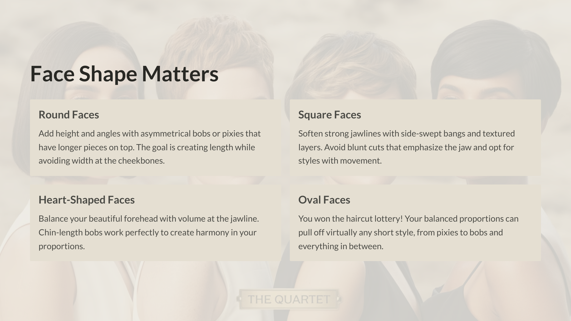 2_Face-Shape-Matters Graphic with tan background describing short hair cuts for 4 face shapes; round, heart-shaped, oval, and square