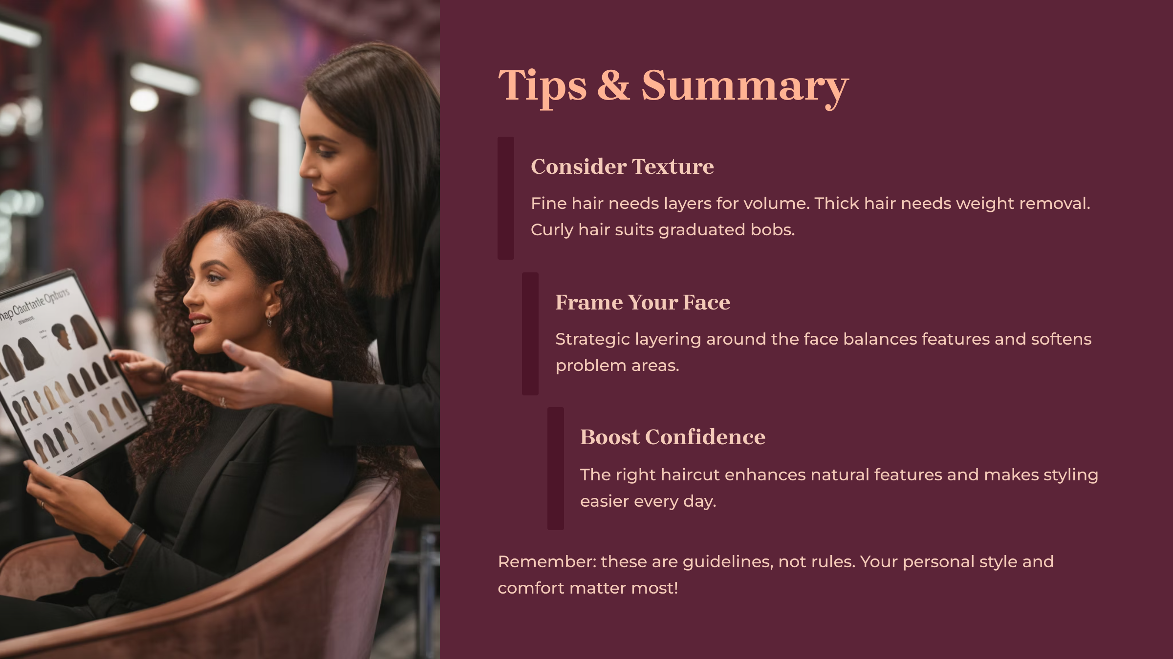 Graphic with purple background color showing an AI created women in the salon chair holding a chart of hair styles while the stylists assist in matching them to her face shape.