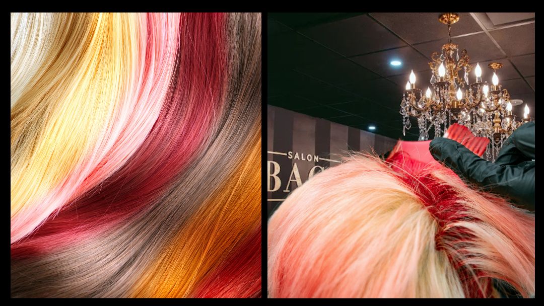 Header Image with 2 frames. On the left is a graphic of different colored hair swatches and on the right the rearview of a customer with blonde hair getting color added in Salon Baci