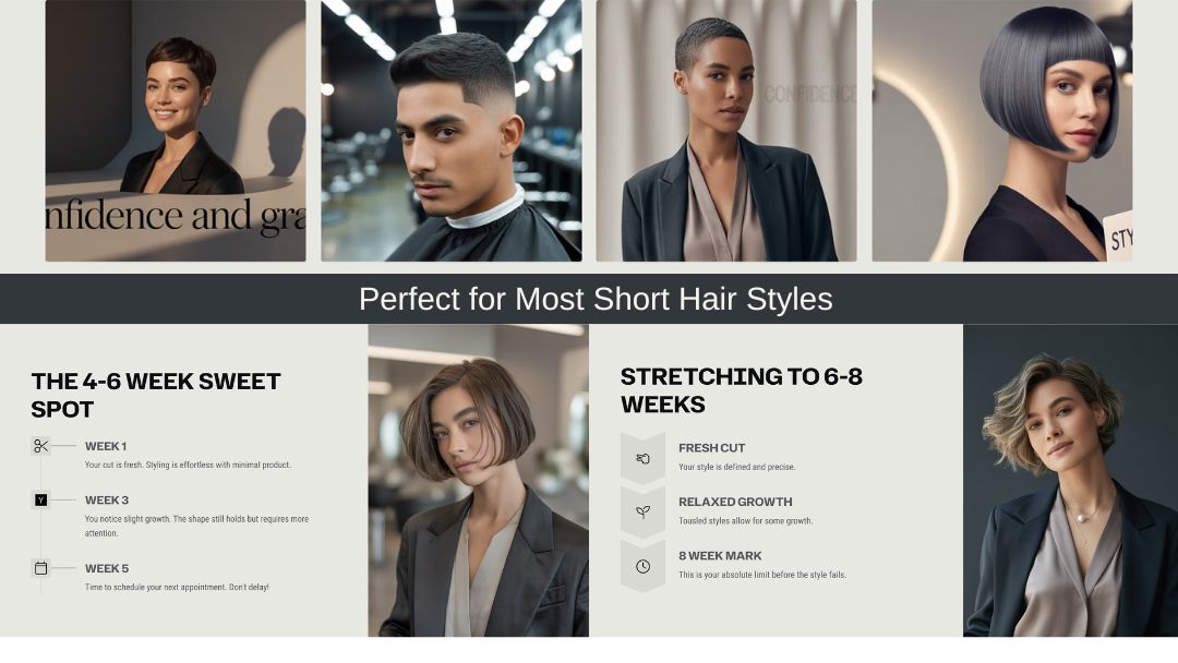 Collageof short hair styles by Gamma.app A graphic showing a header image with 4 people with short hair styles and two boxes; one with a 4 - 6 week schedule for cuts and the other a 6 8 week schedule