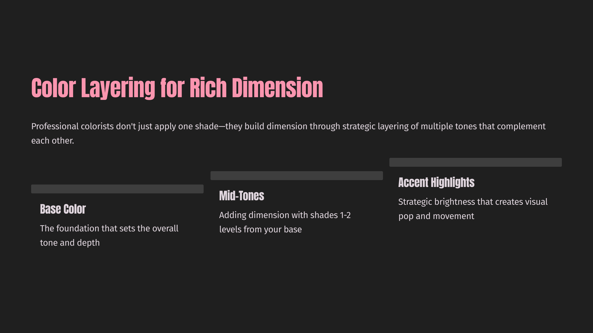 Graphic with black background title "Color Layering for Rich Dimension". It includes 3 section with brief descriptions; Base Color, Mid-tones, and Accent Highlights when choosing dimensional color.