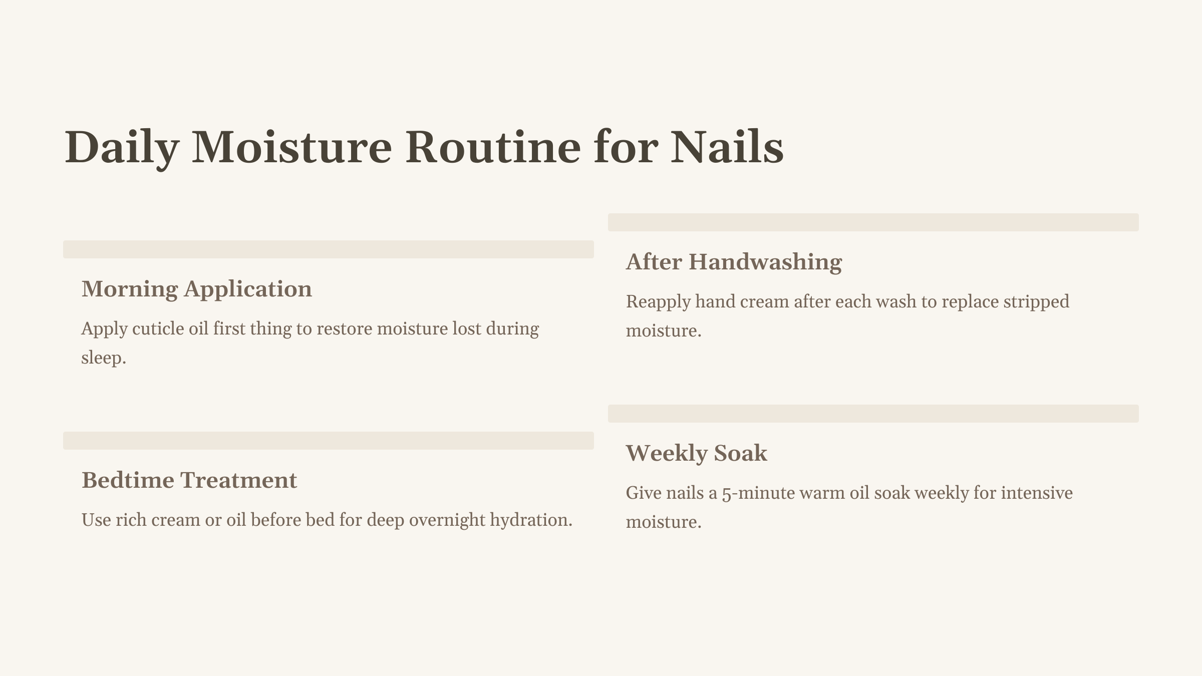Graphic: Light gray background with 4 text Boxes labeled; Morning Application, Bedtime Treatment, After Handwashing, and Weekly soaked with brief descriptions.