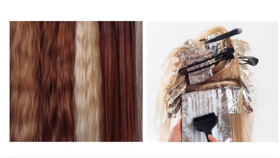 Header Image with sample hair swaths for various colors and on the right a rear view of a women with various tools be used to create dimensional hair color.