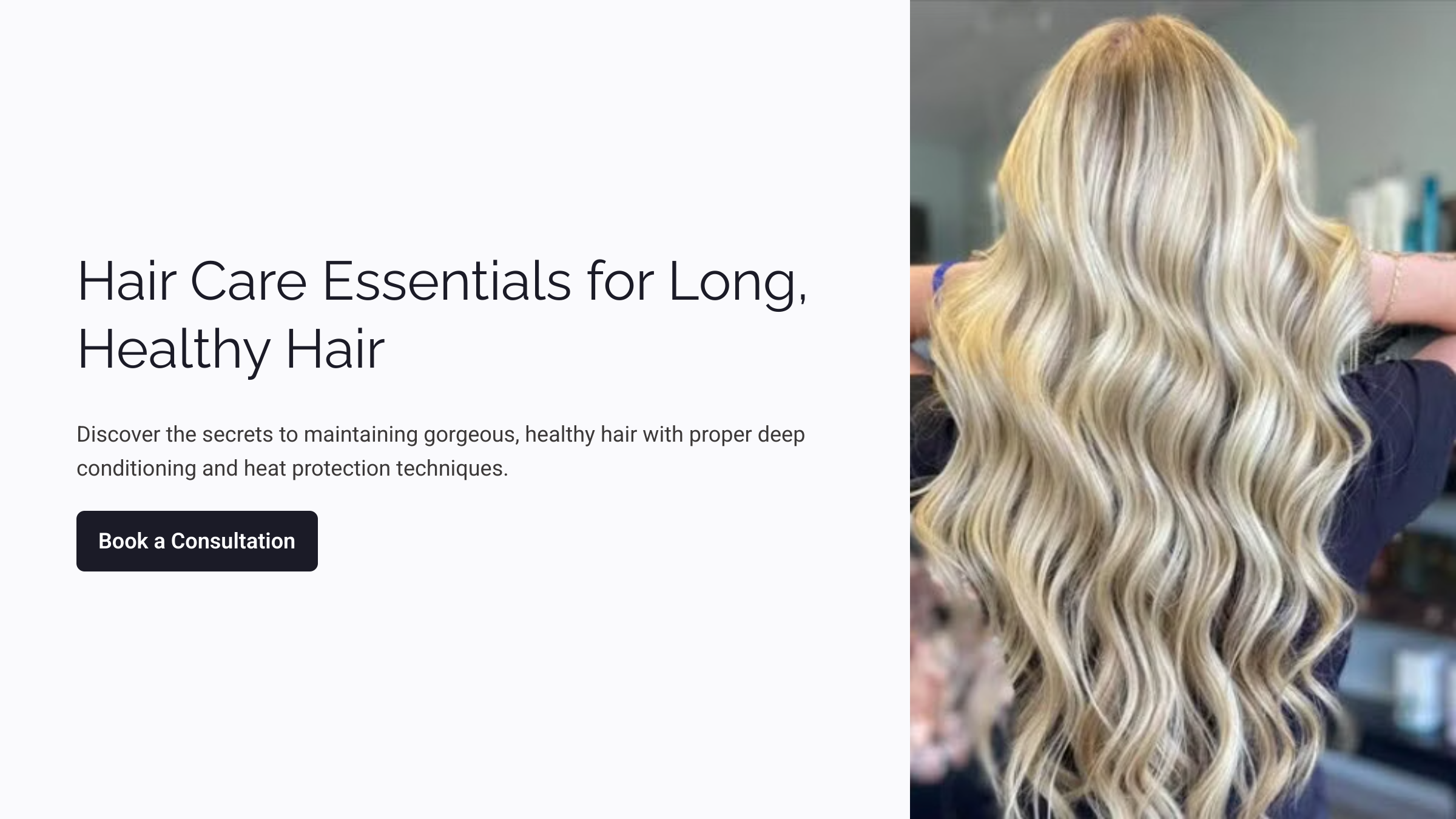 Graphic light background with heading "Hair Care Essentials for Long, Healthy Hair with suggestions to seek salon help. Image of the back of a young women with long, waste-length curly blonde hair.
