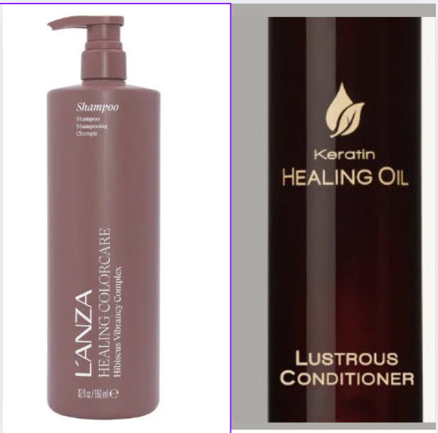 Image of preferred Lanza hair care products showing healing color care shampoo and healing oil conditioner for long hair treatment
