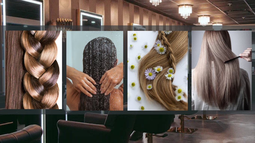 Header image with Salon Baci image background; 4 pictures of long hair, a pigtail style, rear image ow women with long brown hair washing it, a picture of beautiful long blonde hair after washing, and a rear view of long hair being carefully combed