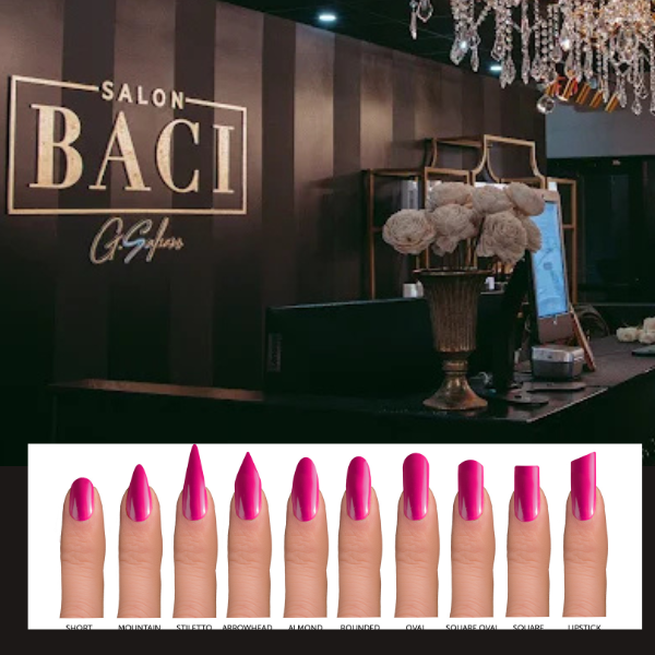 Graphic images with Salon Baci interior salon background with image showing 10 different styles of nail design with fingers and red nails