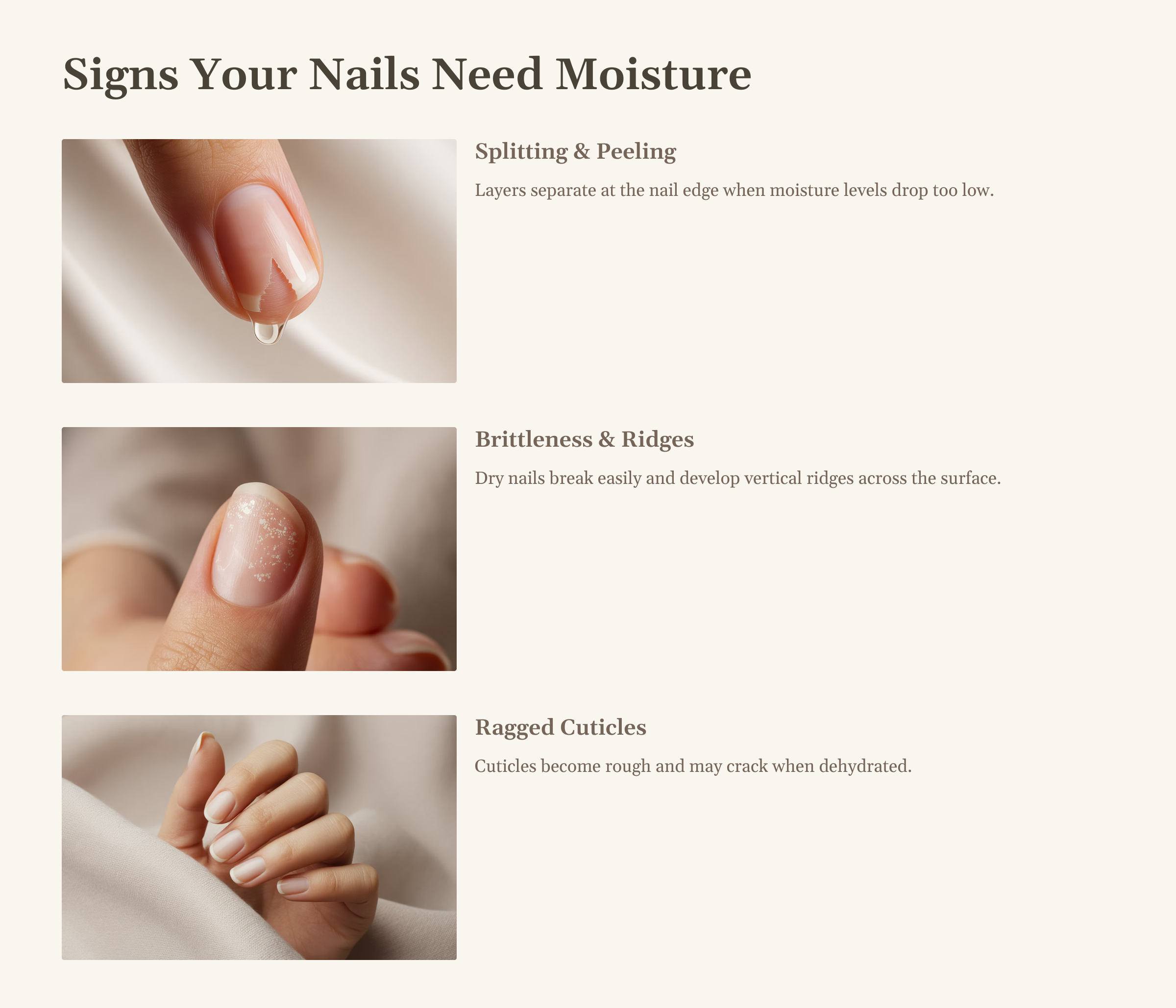 Graphic showing set damaged nail images from; splitting, Brittleness, and Ragged Cuticles with a brief explanation of each condition/.