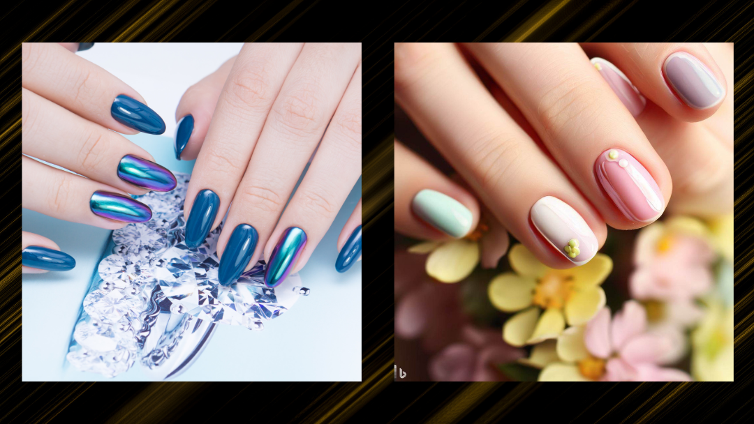 Page image with black background and 2 photos. One is a picture of a women's hands with beautiful blue with nail art, the others is a view of a women's hands with healthy nail color and cuticles.