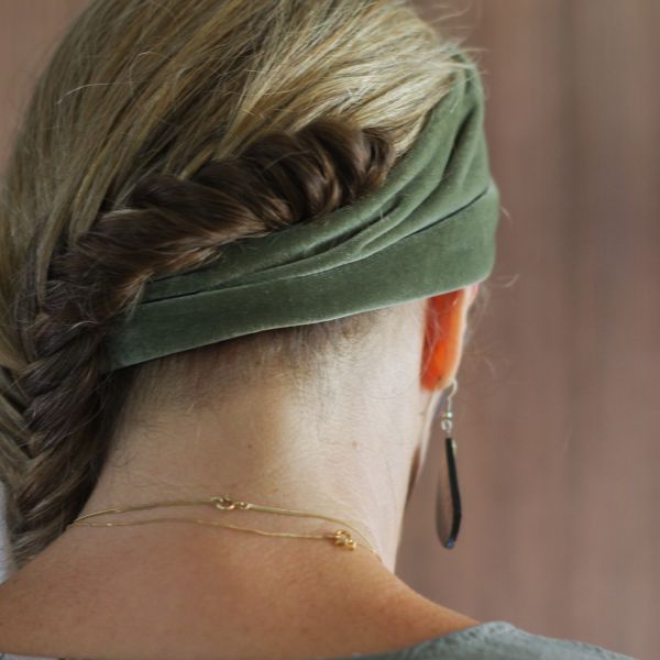 Trendy Headbands; by middelveld from Getty Images Signature Rear view of women wearing a green head scarf band for short hair style