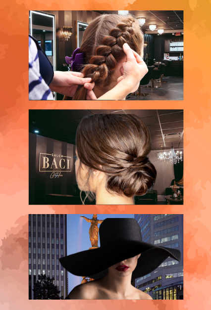 Vertical graphic with 3 images, pig-tail weave, bun, and wide-brimmed black hat for sun protection.