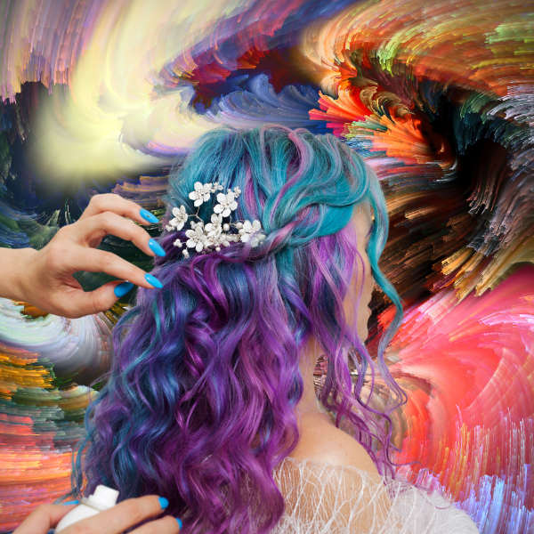 Image with bright multi-colored abstract background with an Image of a women, rear view, getting bright color applied by a stylist.