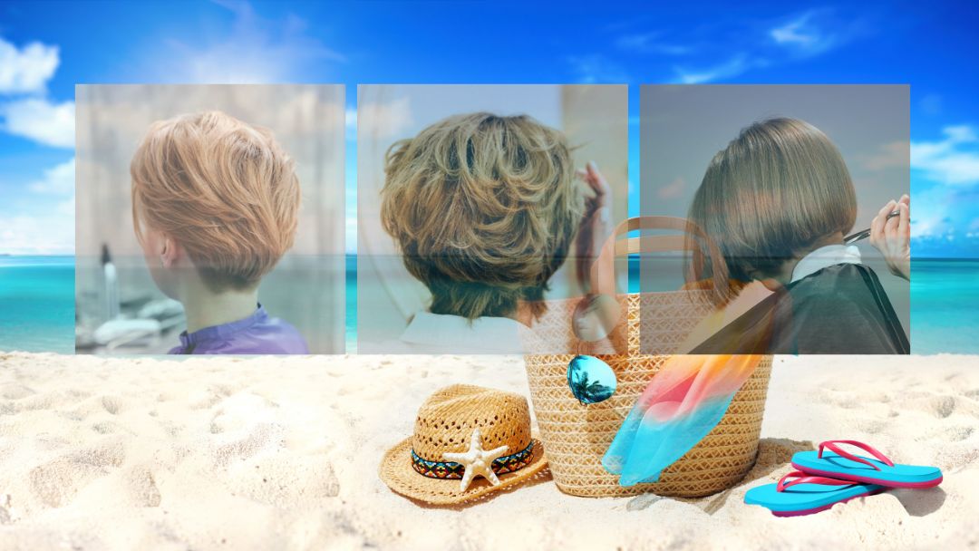 Image with ocean beach and blue sky as a background with 3 short hairstyles for summer overlay; short textured style, short wavy styles fish-tail braid, and Bob style.