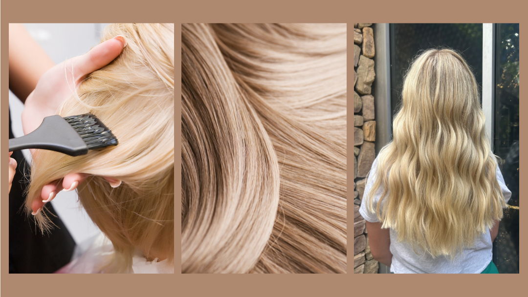 Header 3 Images in horizontal display. On the left is a close up of a salon stylists applying color for long-lasting balayage, middle image: Close up of sections of blonde hair after Balayage, and third Image the results of Balayage service with a young women with long beautiful hair after Balayage.