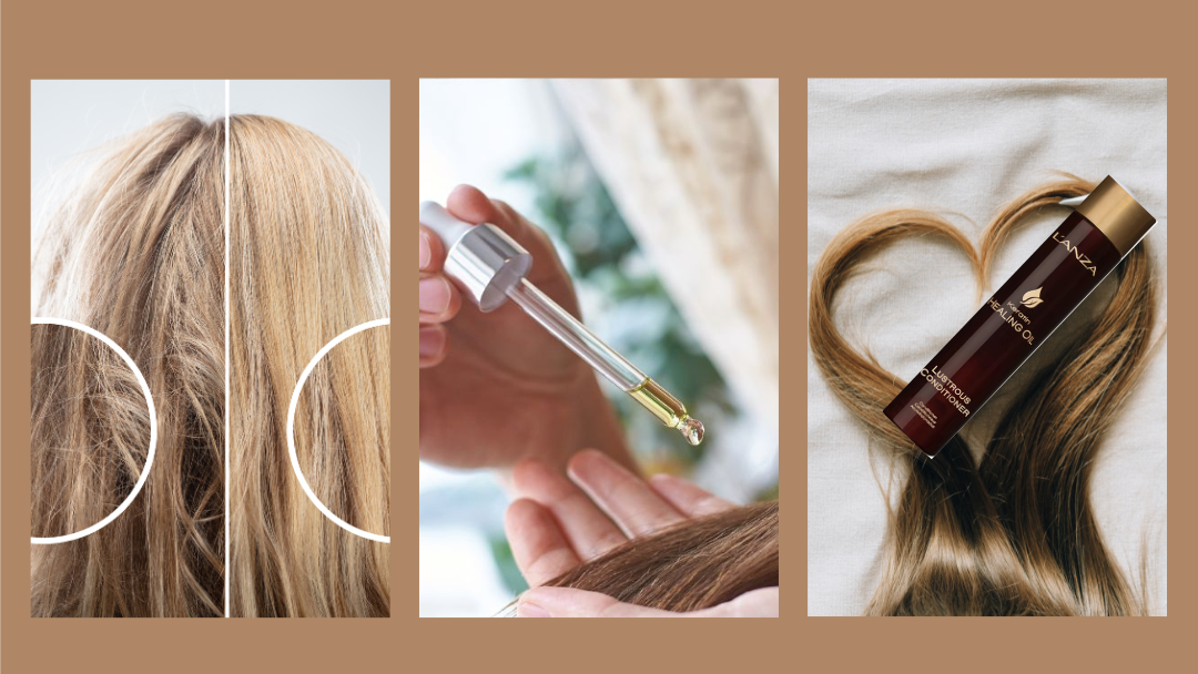 Page Header Image; 3 images left to right, before and after showing blonde hair after treatment, middle image is close up of a salon stylist applying hair treatment to strands of hair with eye-dropper, and last a section of beautiful brown hair shaped like a heart with a bottle of L'anza hair treatment formula.