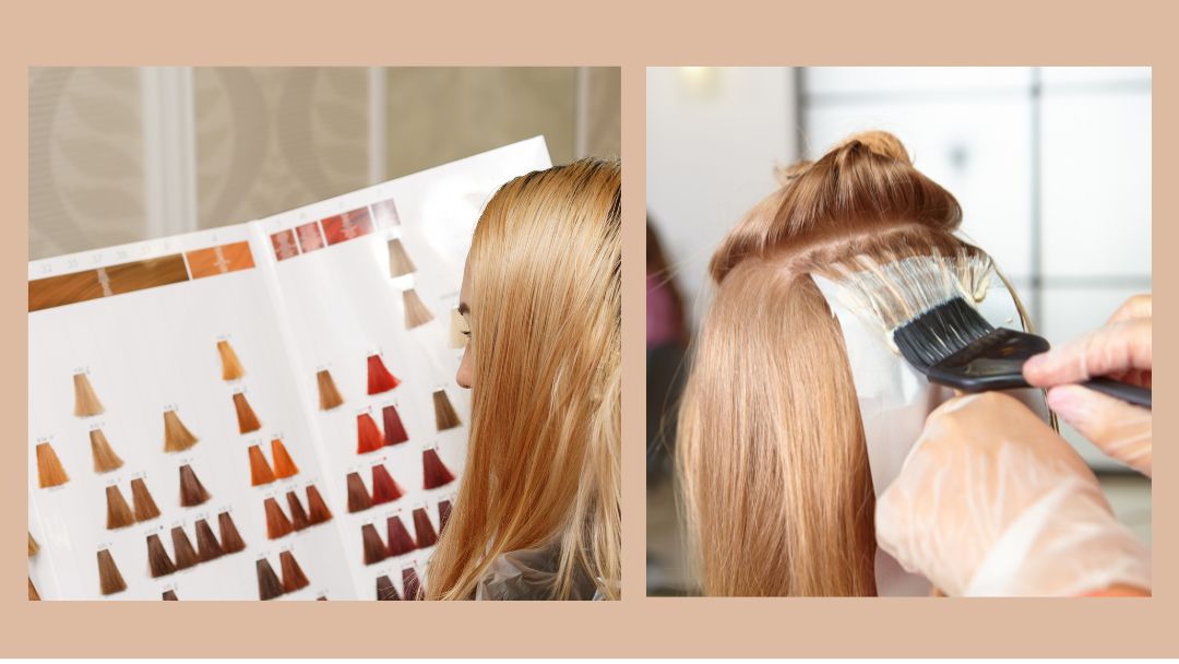 Header graphic image on beige background. First section on left shows a rear view of a women with a color sample book in her hands, the right image is a rear view of a women in salon chair getting color applied by a stylist.