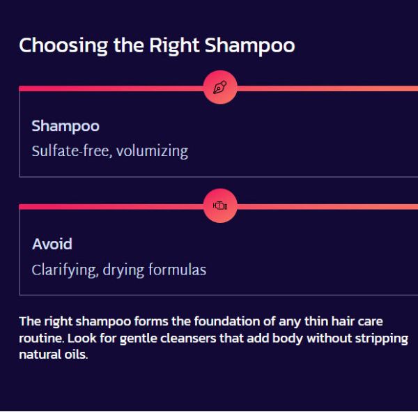 Graphic with dark background and medium red text headings labeled; Choosing the right shampoo. Two short section described as "Shampoo" and "Avoid" briefly describing their relation to the right shampoo.