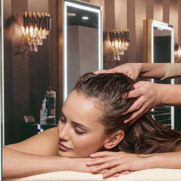 Image with Salon Baci background showing a women getting a shampoo from our hair stylist