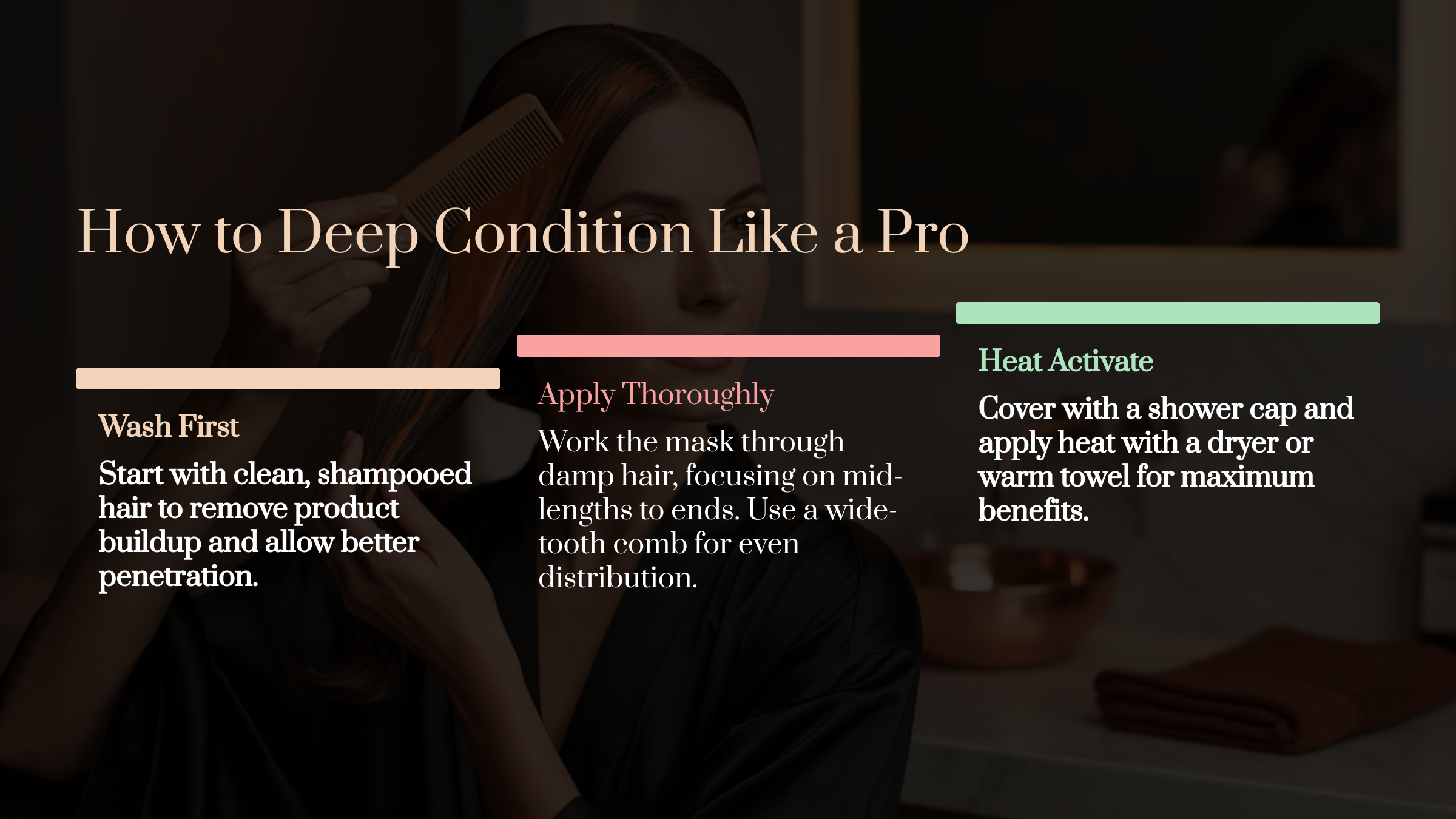 Graphic" How to Deep Condition Like A Pro" showing 3 sections; Wash first, Apply Thoroughly, Add Heat Activate each with a brief explanations.