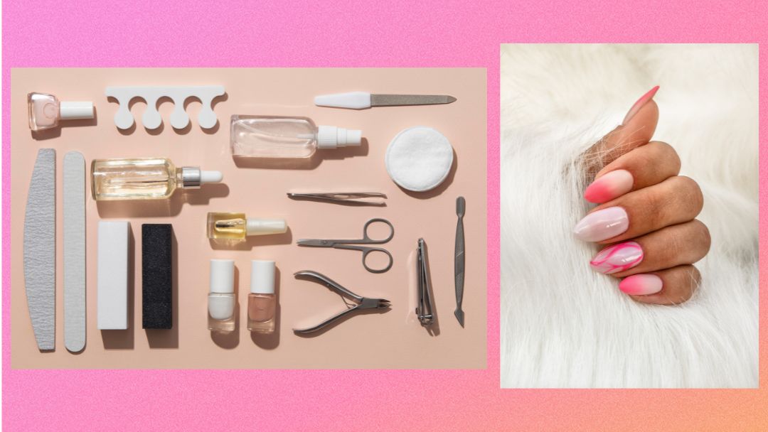 Header Image with Pink background showing an image of nail maintenance tools on left and a women's hands showing healthy nails.