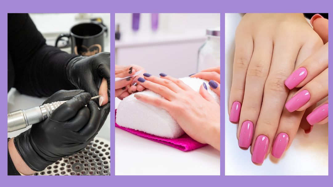 Header Image graphic with mauve background including: 3 images. The first is a nail technicians hands providing nail treatment to a women's nails, the second is a close up of a women's hand getting a nail repair service and the third image of the hands of a women after a beautiful manicure