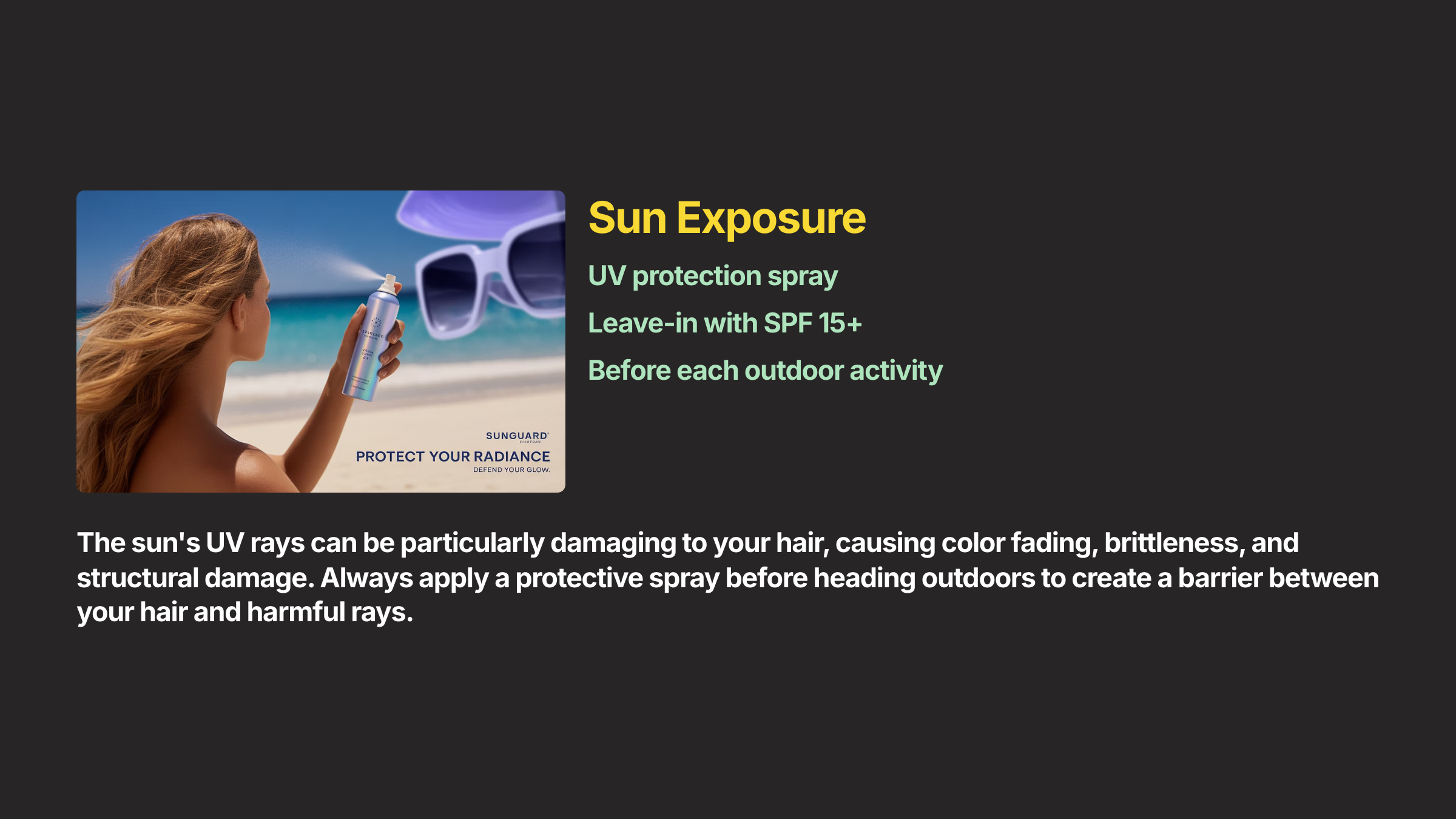 Graphic' Image on left of a young women sitting in the sand looking at the ocean, hair blowing in the breeze, applying UV protection spray, sunglasses and hat. The Heading is "Sun Exposure"