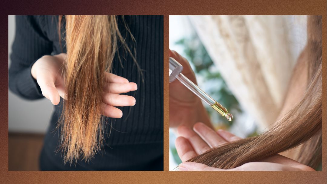 Graphic image with two pictures. On the left is a closeup of a women holding dry thin hair out to her left and the right image is a close up of a salon stylist treating a women's hair with a eye dropper of oil.<br />
