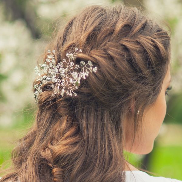 Sample of Braided Hairstyle a Waterfall Brid rearview of salon customer with a large horizontal braid with hair beneath falling straight down to form the waterfall look.