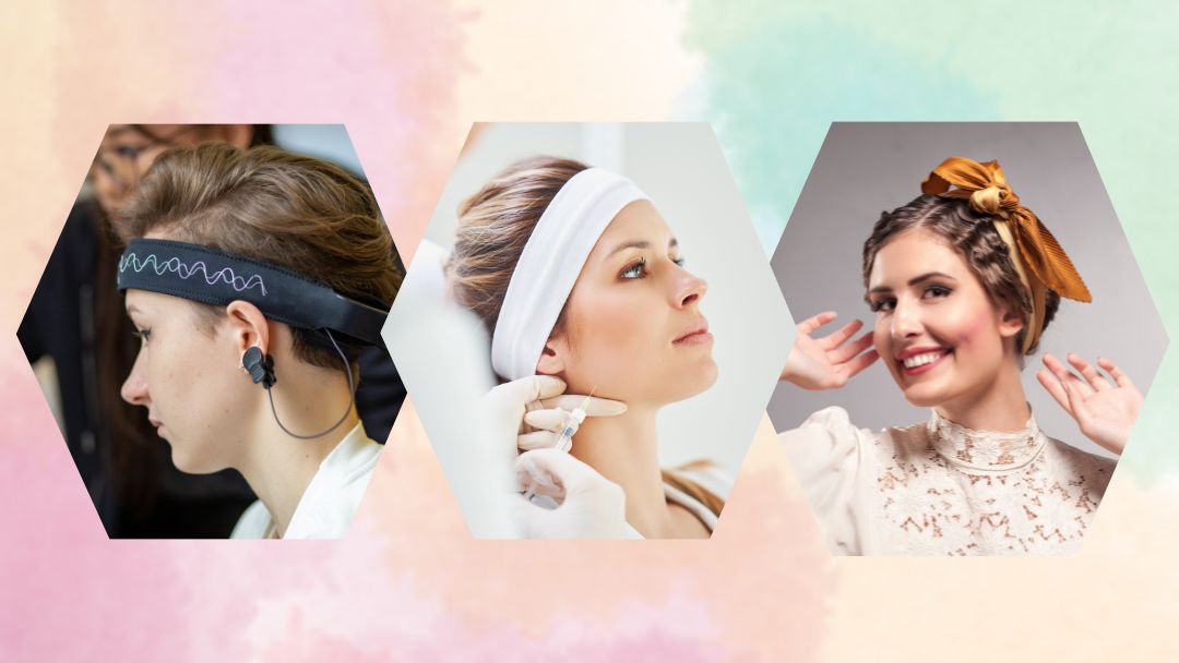 Graphic 3 short hair style images; dark hair & headbands, light brow with head scarf, auburn hair with Bronze ribbon