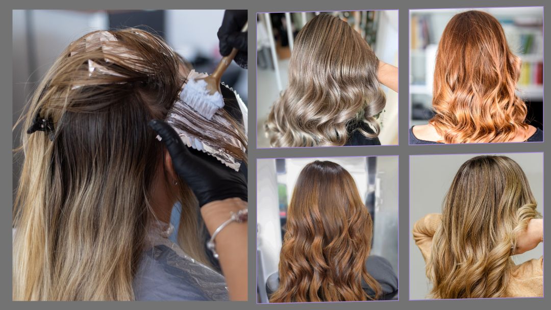Dimensional hair coloring; foil application, 4 hair color results, blonde, red , light brown, dark brown