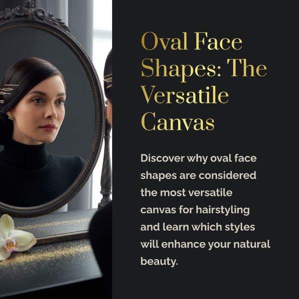 Graphic showing a women with black hair reflection in a mirror demonstrating an oval face shape for hair styling