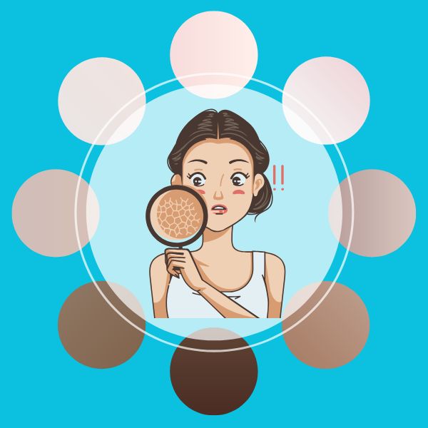 Graphic with light blue background showing a skin color chart with a female character looking into a mirror to determine here skin's undertone to match her hair color.