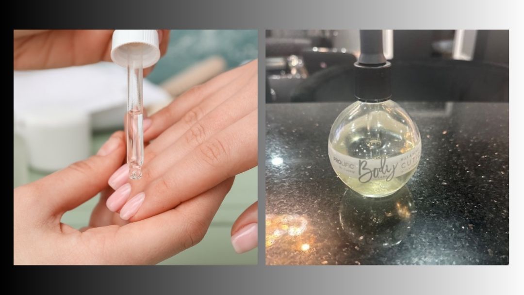 Graphic image on ;eft women's hands getting oil treatment, right a Bottle of cuticle oil