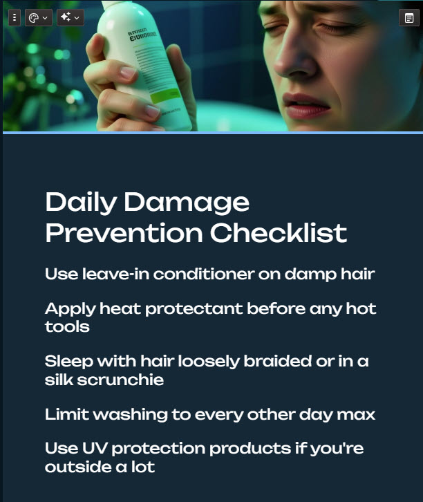Daily Damage Prevention Checklist; leave-in conditioner, heat protectant, loose braids or scrunchie, limited washing, UV protection