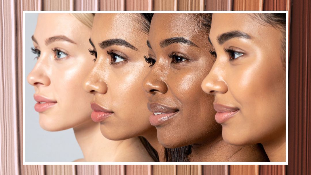 Image of 4 female faces with different skin tones and a background swatch of various hair colors intended to show how colors for each skin tone.