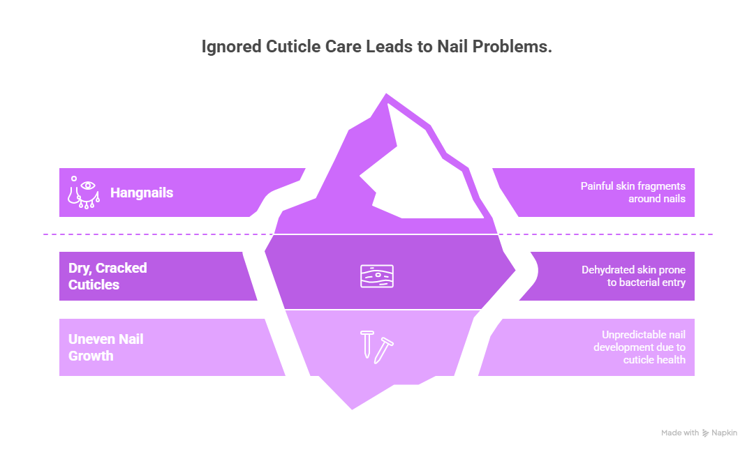 Graphic titled "Ignore Cuticle Care Leads to Nail Problems.Problems; hangnaisl, dry cuticles,uneven nails, skin fragments, dehydration and nail development