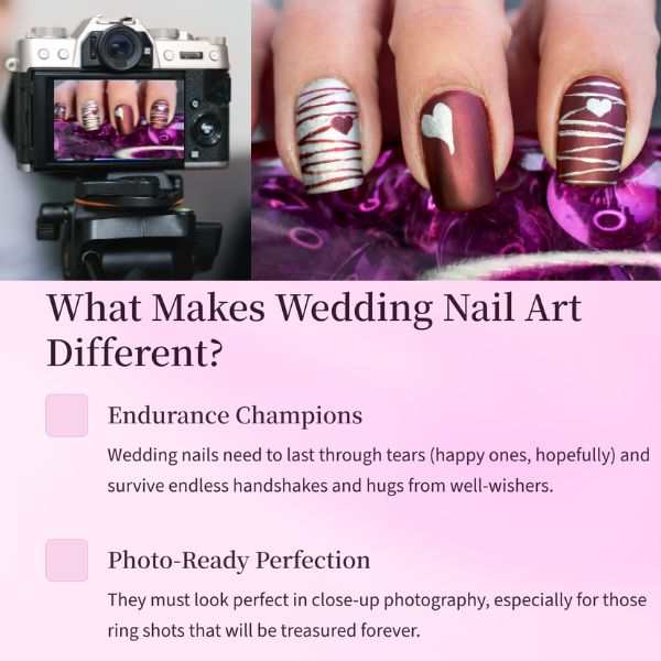 Graphic showing close up of a camera with the image in the view finder and a women's hands with stunning wedding nail art in shades of violet with hand painted silver designes.