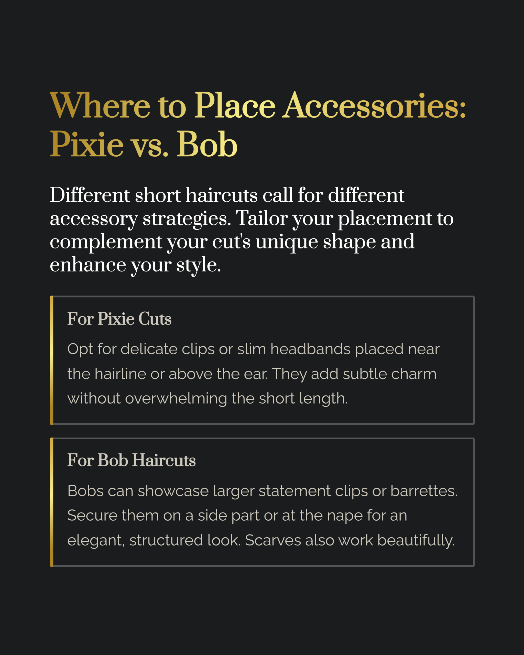 Graphic "Where to place Accessories: Pixie vs. Bob & descriptions