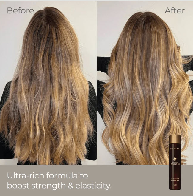 Before and after with long blond dry hair and a view of long healthy treated hair.