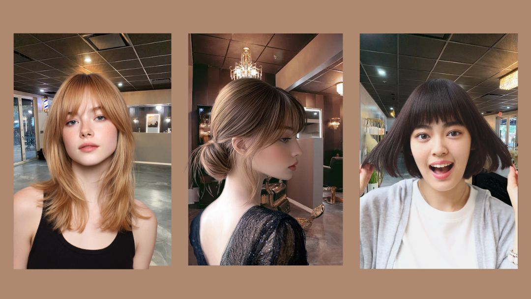 Header image 3 bang styles, blunt cut, side-swept and curtain bangs