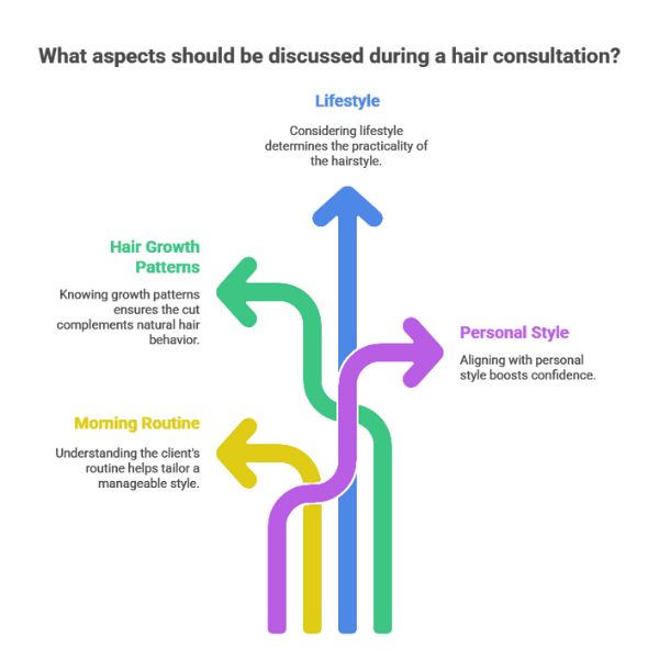 Graphic with Section pointing arrows; "What Aspects Should Be discussed During a Hair Consultation; growth patterns, lifestyle, personal style, morning routine